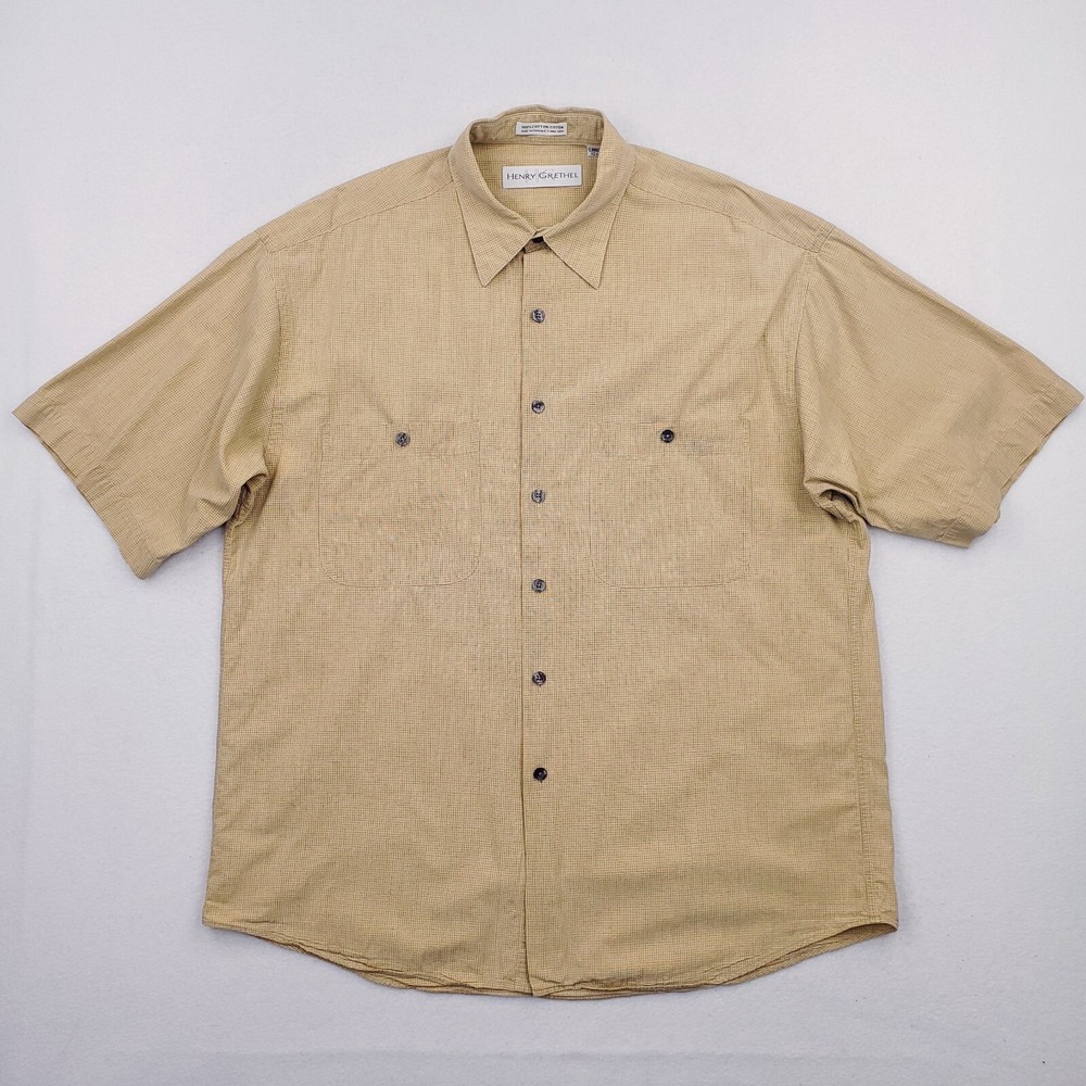 Vintage Henry Grethel Shirt Mens Large Khaki Tan Relaxed Fit Micro Check